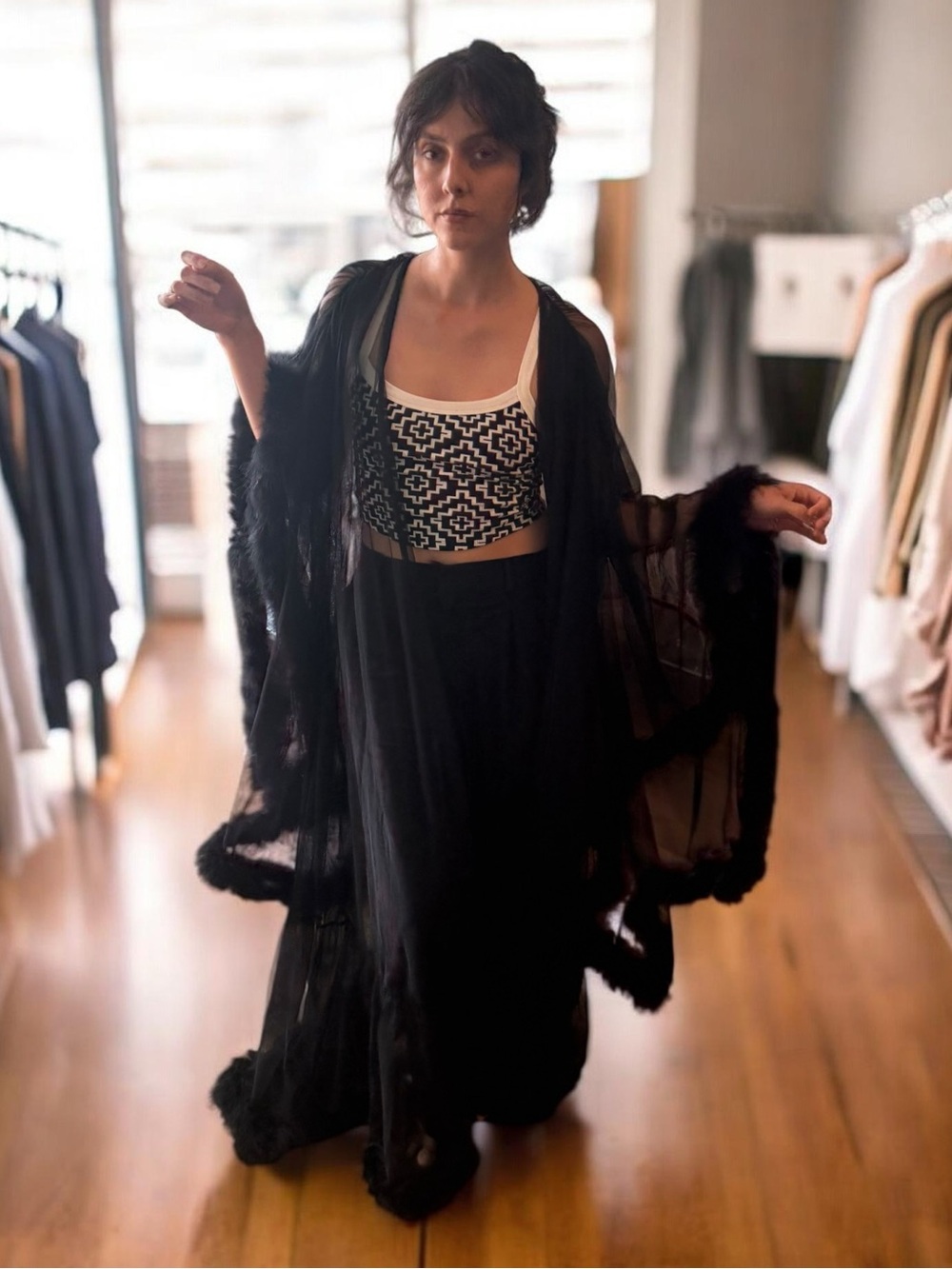 Roma Sheer Black Marabou-Trim Long Robe with Satin Tie - Picture 6 of 8